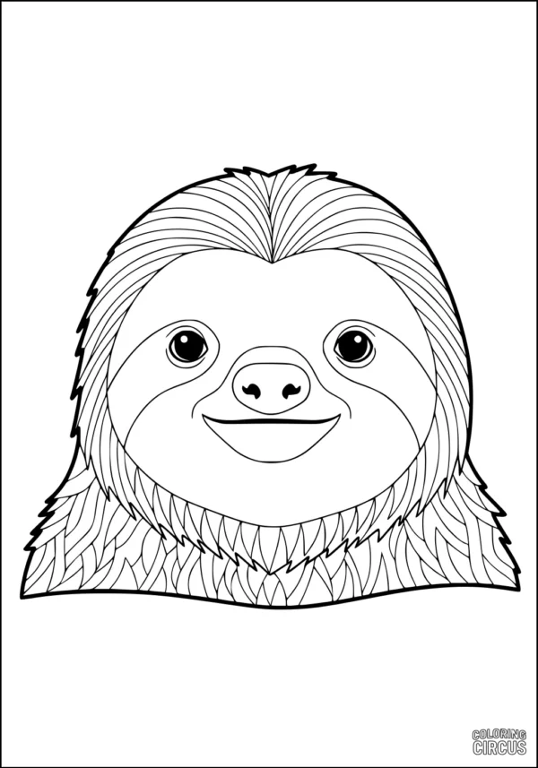 Coloring page of a smiling sloth face with stylized fur for kids