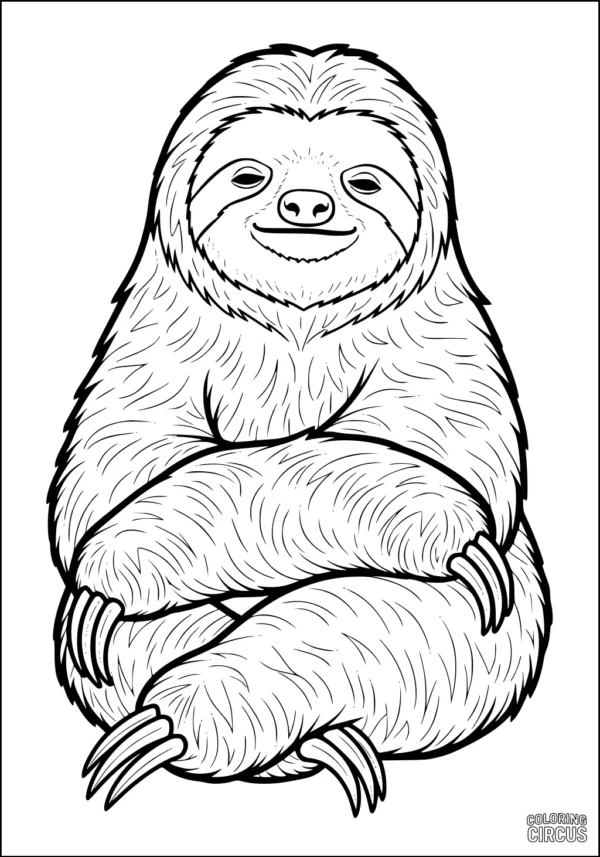 Coloring page featuring a smiling sloth sitting with arms crossed