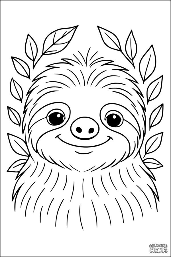 Coloring page of a cute smiling sloth surrounded by tree leaves