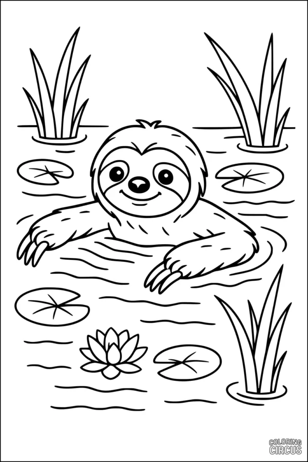 Coloring page featuring a cute sloth swimming surrounded by lily pads, grasses, and a water lily