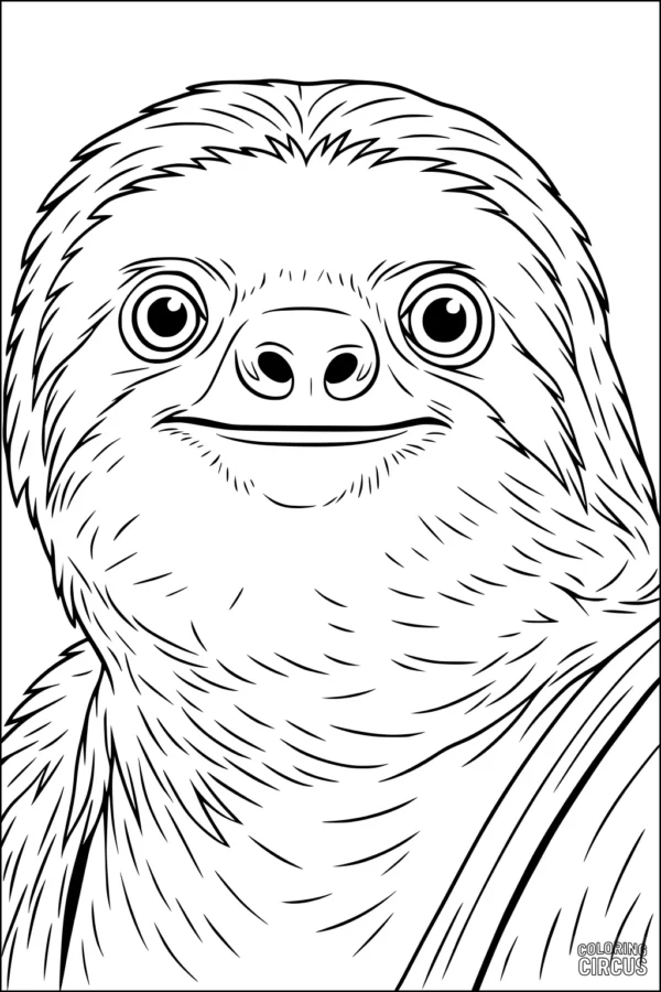 Coloring page of a friendly sloth with a big smile and soft fur, close-up portrait style