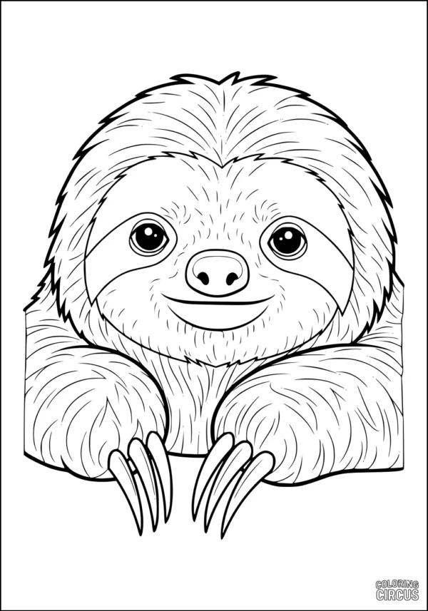 Coloring page showing a cute, smiling sloth in a cartoon style, perfect for young kids