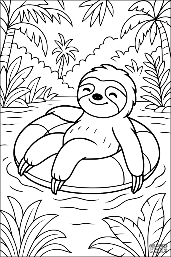 Coloring page featuring a cute sloth relaxing on a float in a jungle river with palm trees