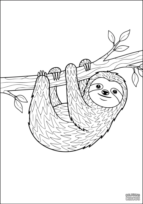 Coloring page with a cartoon sloth hanging from a tree branch with leaves