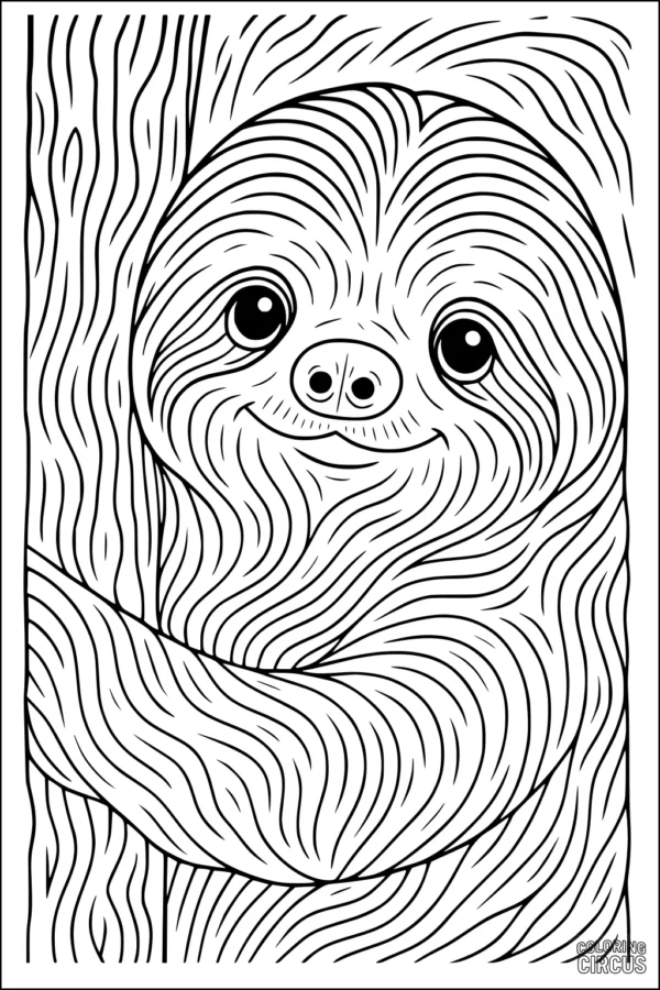 Coloring page of a smiling sloth hugging a tree with wavy fur lines