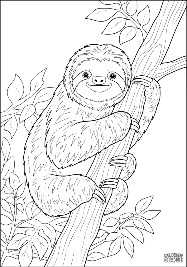 Coloring page of a cute sloth hanging on a tree branch with leaves in a rainforest setting.