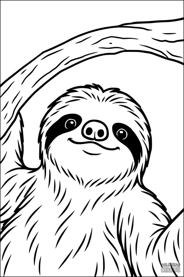 Coloring page of a cute smiling sloth hanging from a tree branch