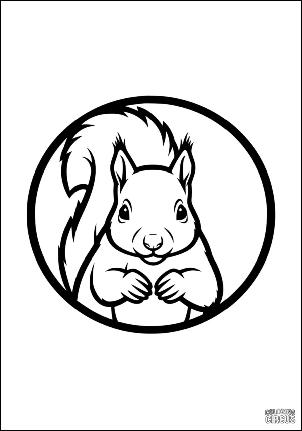 Coloring page featuring a cute cartoon squirrel inside a circle, perfect for young children