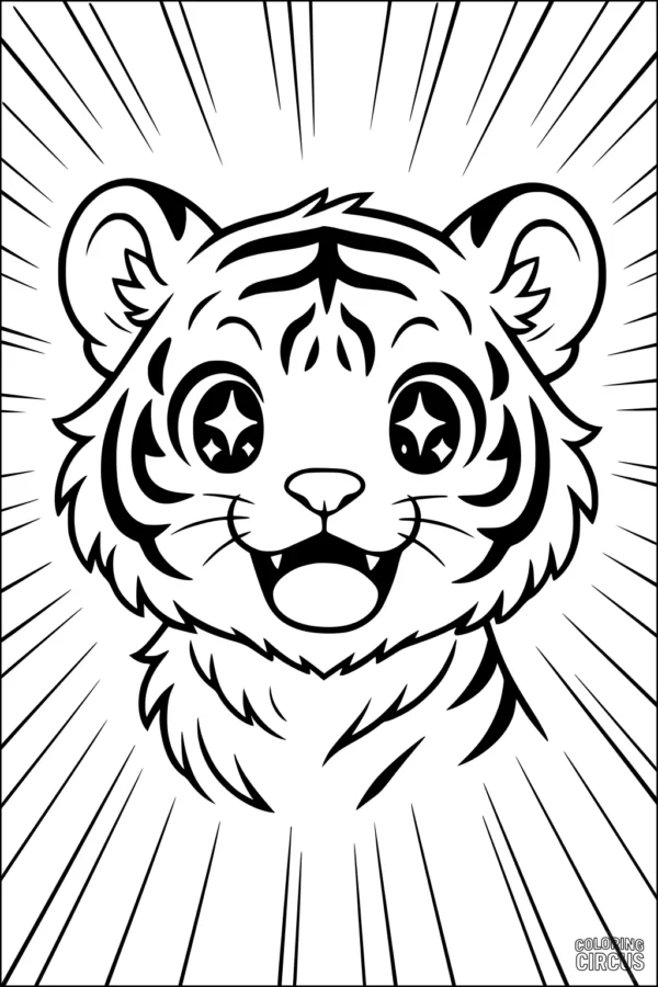 Coloring page featuring a cute cartoon tiger cub with big, sparkling eyes and expressive stripes