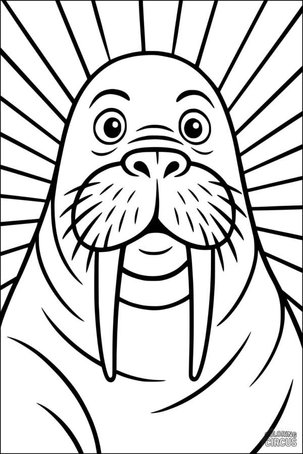 Coloring page featuring a cartoon walrus with large tusks and radiating lines in the background