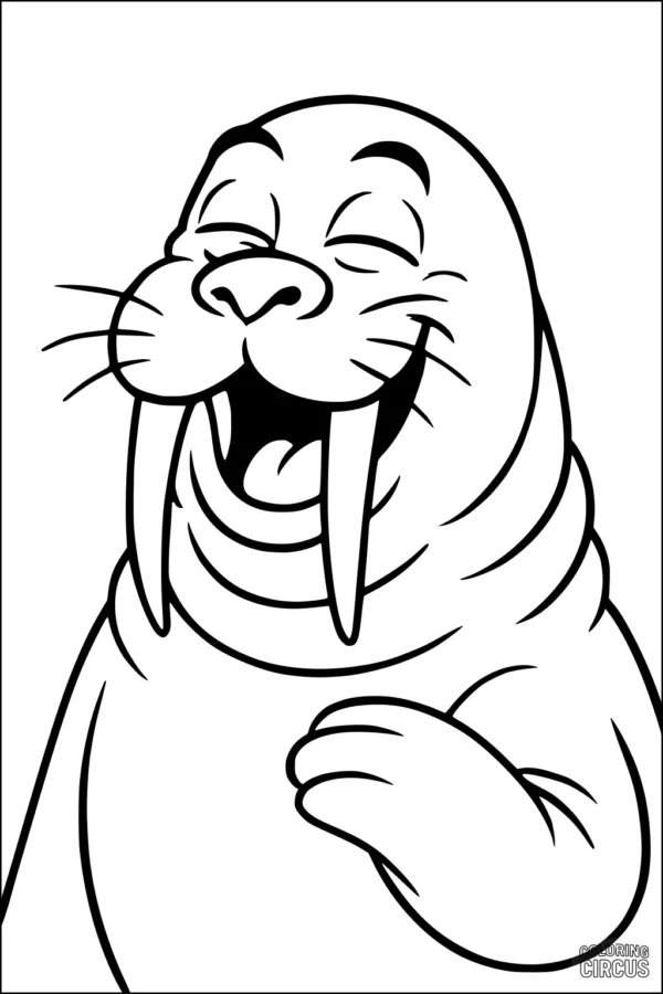 Coloring page of a friendly cartoon walrus smiling with long tusks