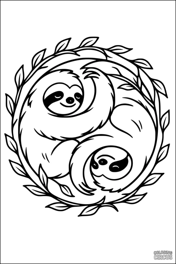 Coloring page featuring two adorable sloths cuddled together inside a circle of leaves