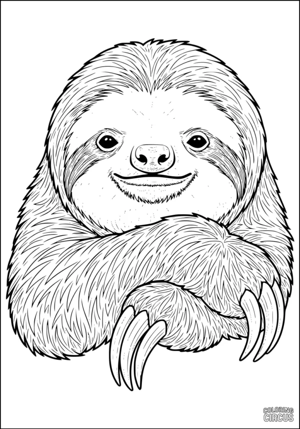 Coloring page with a closeup of a friendly sloth resting with folded arms