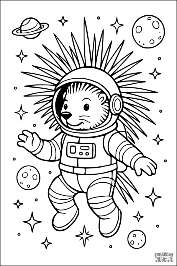 Coloring page of a cartoon porcupine wearing a spacesuit, floating in outer space with stars and planets