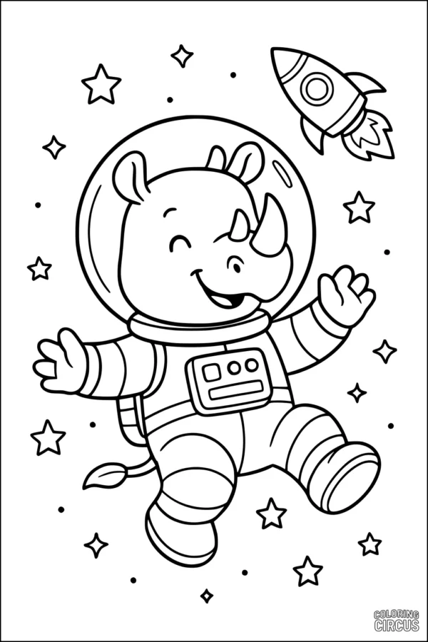 Coloring page featuring a cartoon rhinoceros in a spacesuit floating in outer space with stars and a rocket