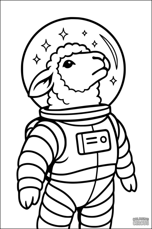 Coloring page featuring a sheep in a space suit surrounded by stars