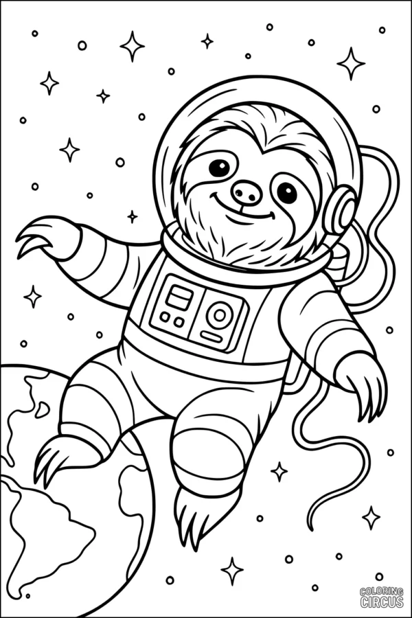 Coloring page featuring a cartoon sloth in an astronaut suit floating in space above Earth, with stars in the background.