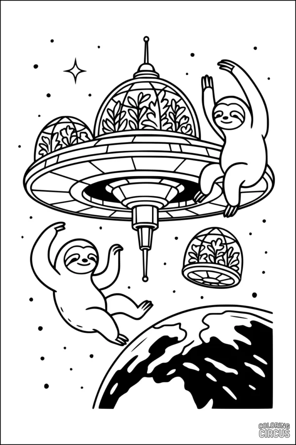 Coloring page showing two sloths floating in space near a glass-domed space garden above a planet