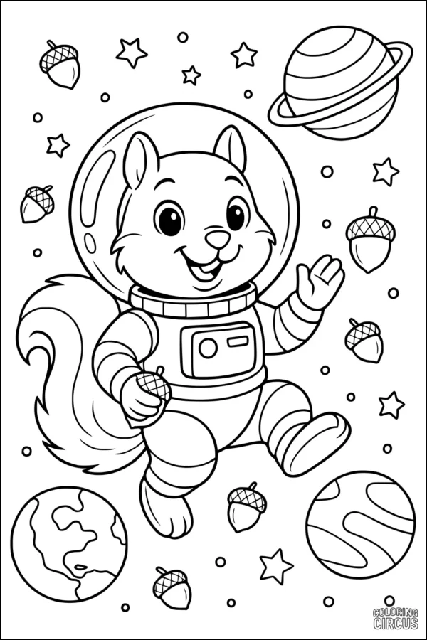 Coloring page featuring a cute squirrel in a spacesuit floating with acorns and planets