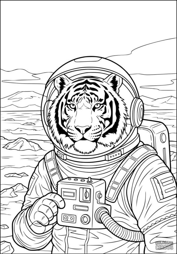 Coloring page showing a tiger in a space suit on a rocky planet landscape
