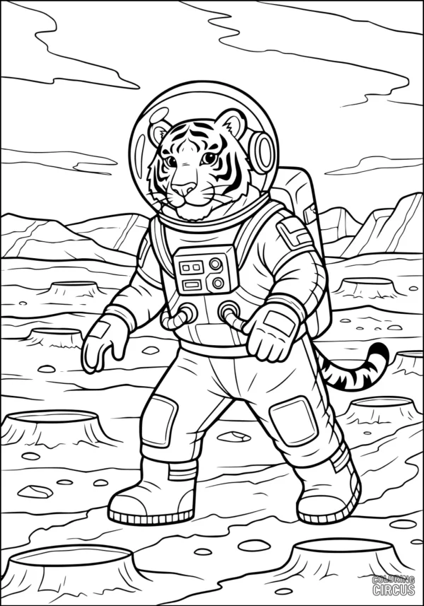 Coloring page featuring a tiger wearing an astronaut suit exploring an alien planet landscape