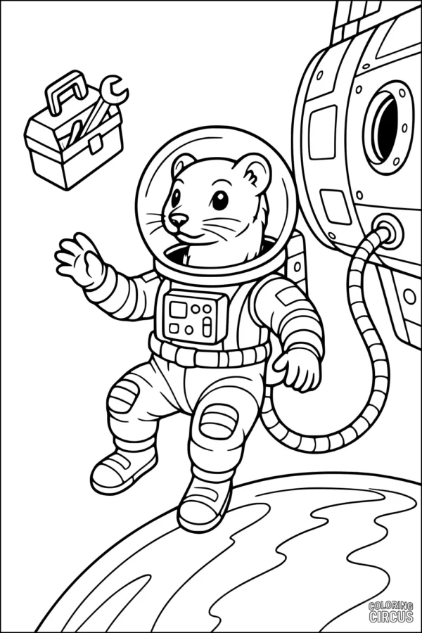Coloring page of a cartoon weasel in a spacesuit floating next to a spaceship, toolbox nearby, and Earth below.