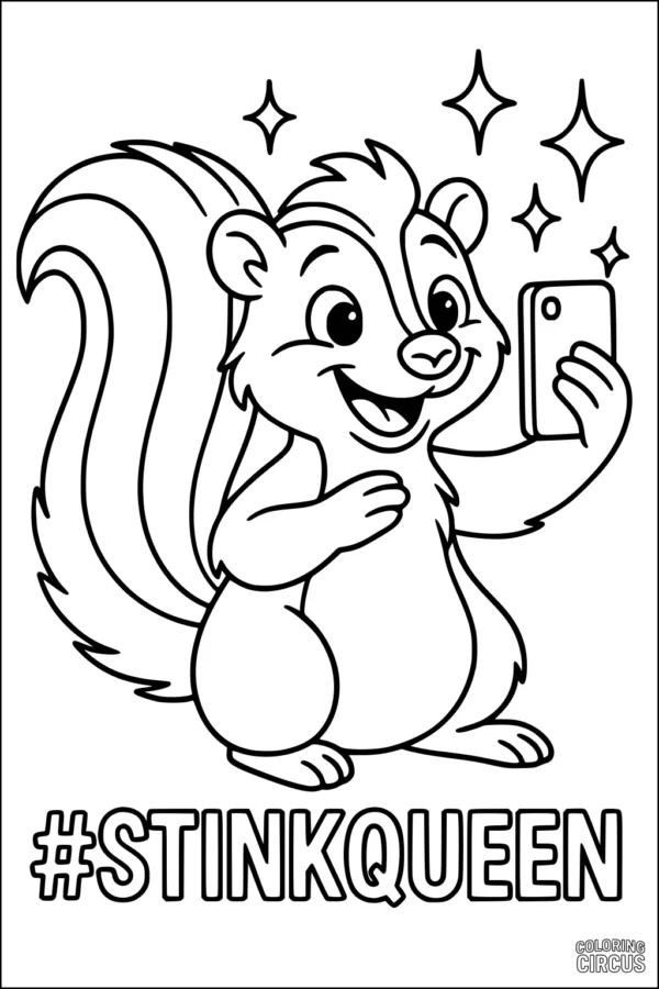 Coloring page featuring a cute cartoon skunk taking a selfie with sparkles and the hashtag stinkqueen