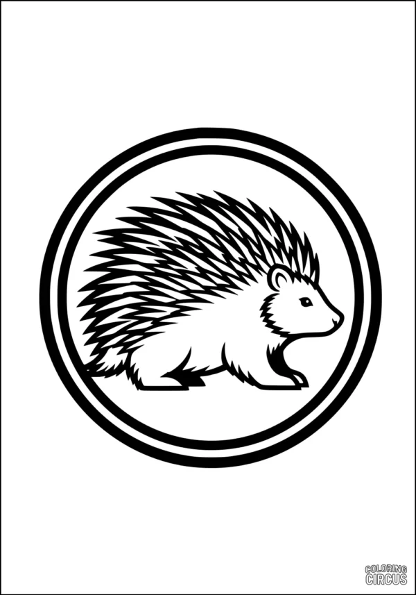 Coloring page showing a simple porcupine outlined in a double circle, suitable for young children