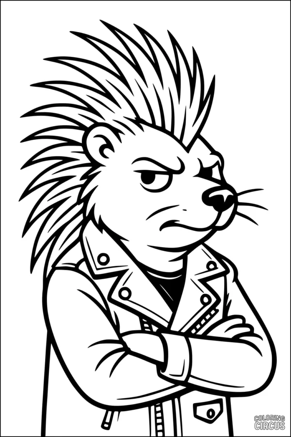 Coloring page featuring a cartoon porcupine with crossed arms wearing a cool jacket and spiky quills