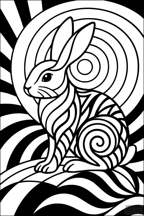 Coloring page of a stylized rabbit with swirling abstract patterns and geometric background