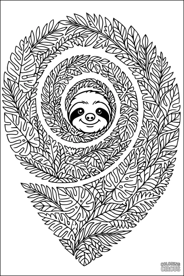 Coloring page featuring a smiling sloth face inside a spiral pattern of detailed jungle leaves