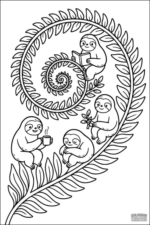Coloring page featuring four cartoon sloths relaxing on a large spiral fern with leafy branches