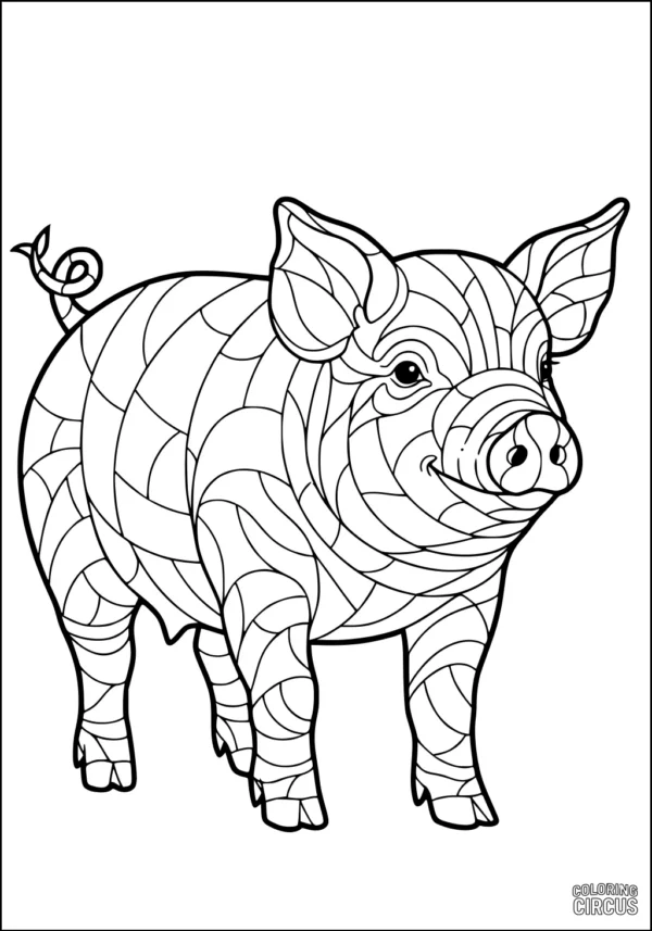 Coloring page of a smiling piglet with swirling patchwork patterns
