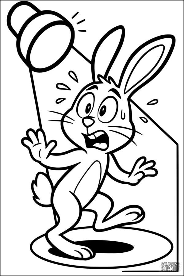 Coloring page showing a surprised cartoon rabbit under a spotlight
