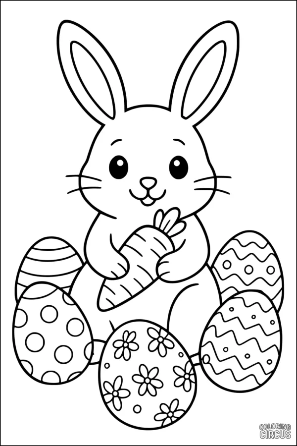 Coloring page of a cute rabbit holding a carrot, sitting among decorated Easter eggs