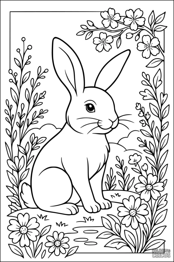 Coloring page of a rabbit sitting beside a pond with spring flowers and plants around it.