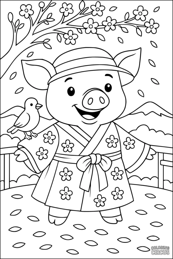 Coloring page of a cute pig in a flower kimono with bird, spring blossoms, and mountains