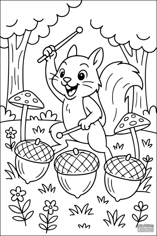 Coloring page showing a happy squirrel drumming on acorns with trees, mushrooms, and flowers in a woodland setting