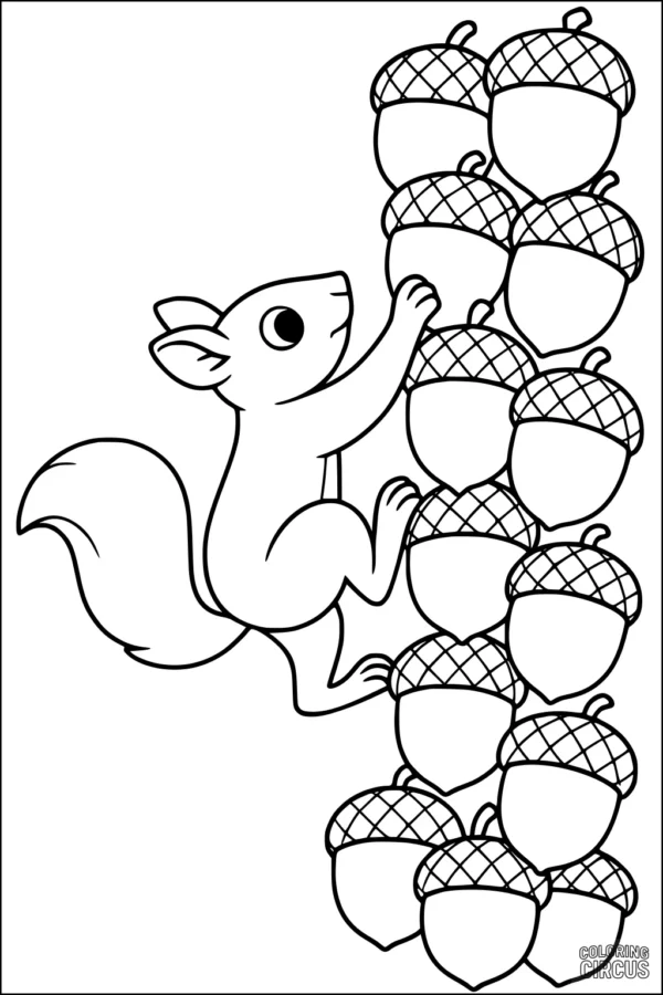 Coloring page showing a cute squirrel climbing a tall stack of big acorns