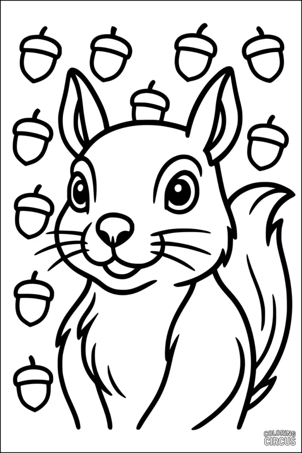 Coloring page of a cute squirrel surrounded by acorns, simple for young children