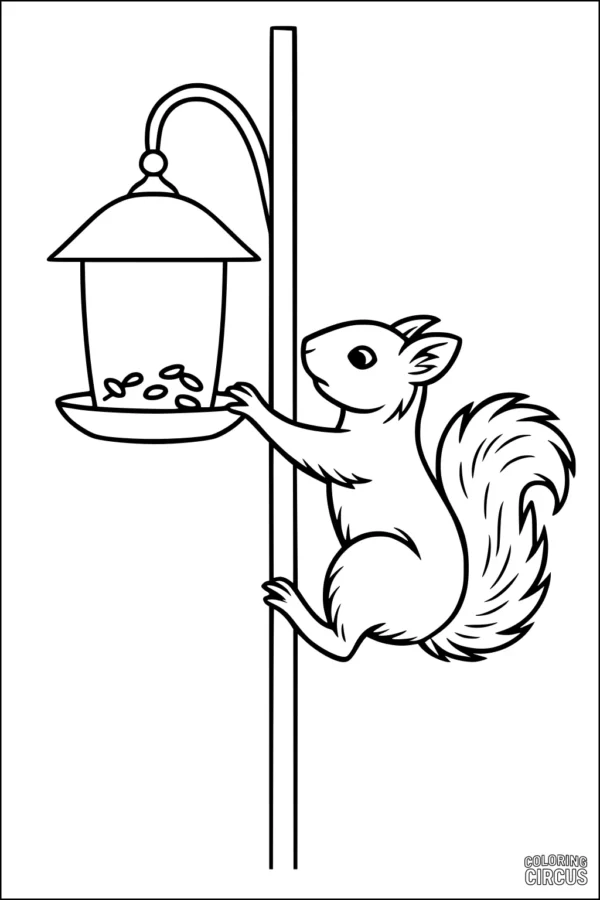 Coloring page of a cute squirrel reaching for seeds in a bird feeder