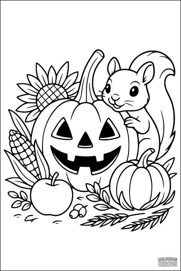 Coloring page of a cute squirrel with pumpkins, sunflower, apple, corn, and harvest decorations