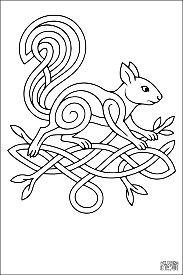 Coloring page featuring a stylized squirrel on intricate branch patterns