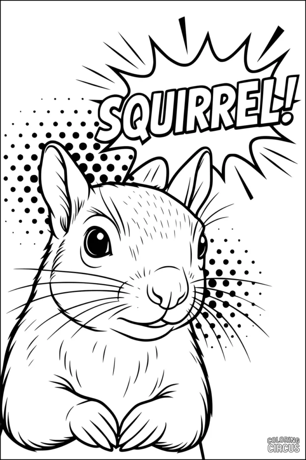 Coloring page featuring a playful squirrel with comic-style background and bold burst text