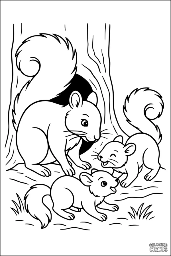 Coloring page of a mother squirrel and two baby squirrels playing near a tree in a forest