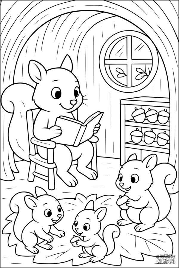 Coloring page with squirrels reading inside a cozy tree home