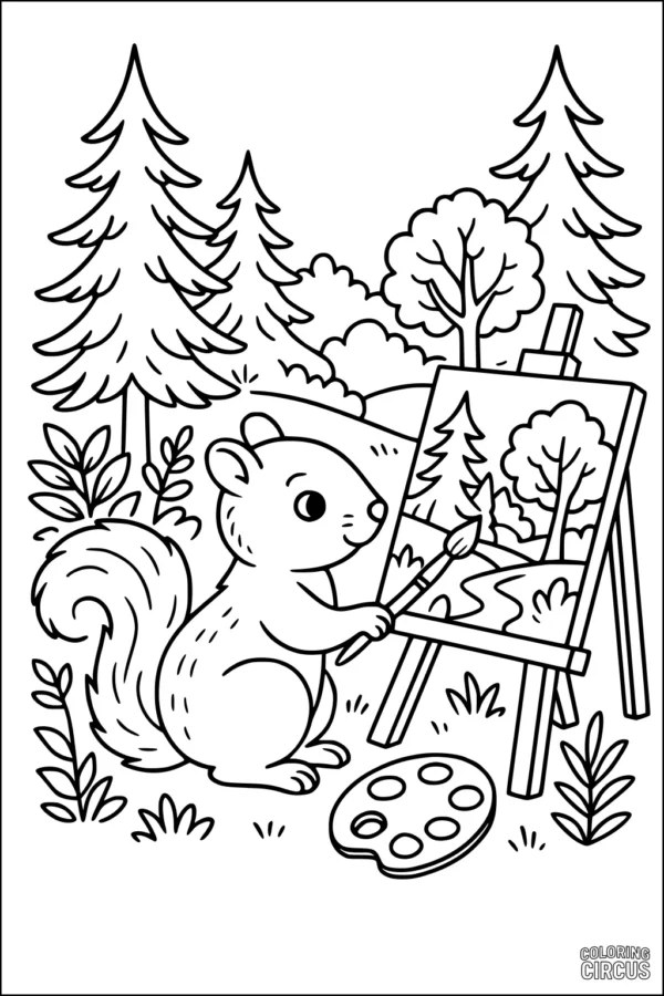Coloring page featuring a cartoon squirrel painting a forest landscape on an easel