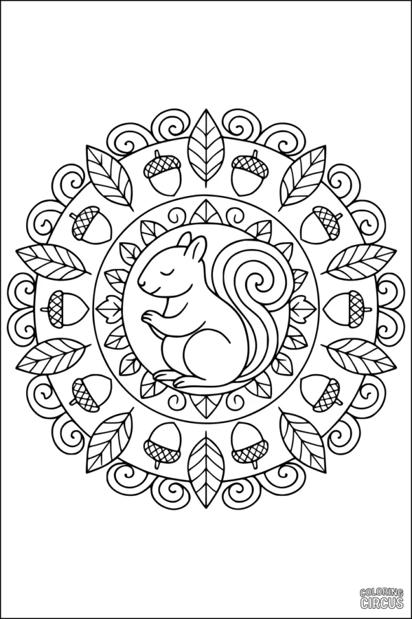 Coloring page featuring a smiling squirrel surrounded by a mandala of acorns and leaves