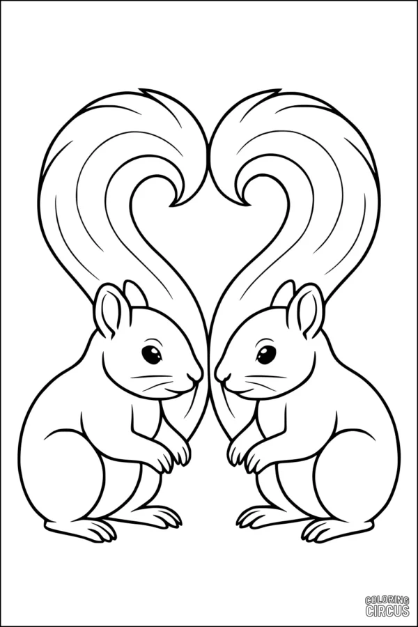 Coloring page featuring two squirrels with tails forming a heart shape