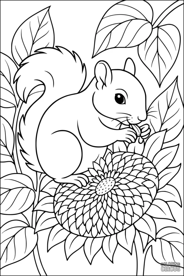 Coloring page of a cute squirrel sitting on a detailed flower surrounded by large leaves